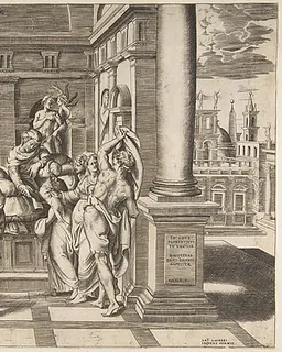 The birth of Saint John the Baptist set within a classical building by Giulio Bonasone