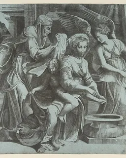 The Virgin washing the Christ Child accompanied by figures and an angel at right by Giulio Bonasone