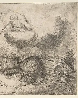 The Virgin and Child, God the father upper right, angels at left by Giovanni Benedetto Castiglione (Il Grechetto)