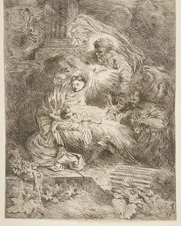 God the Father observing the Virgin and Child, angels to the right by Giovanni Benedetto Castiglione (Il Grechetto)