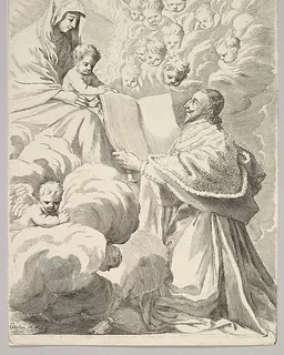 Cardinal Richelieu, Kneeling, Presents His Book to the Virgin and Child by Claude Mellan