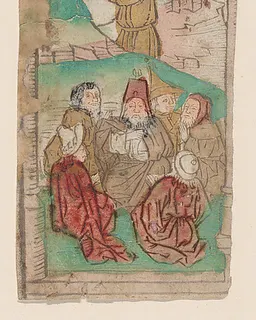 Moses Receiving the Law, illustration from a "Biblia Pauperum" blockbook, fourth edition by Anonymous, Netherlandish, 15th century
