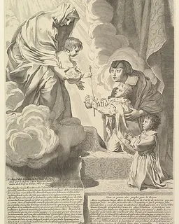 Anne of Austria with the Young Louis XIV and Monsieur before the Virgin and Child (Anne d'Autriche déposant le régence du royaume de France entre les mains de la Vierge Marie) by Claude Mellan