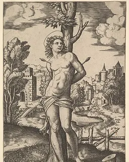 Saint Sebastian tied to a tree and pierced with arrows by Master of the Die