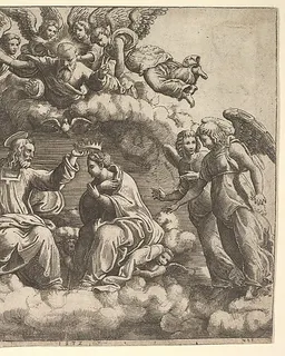 The coronation of the Virgin, Christ holding the crown over her head, God the Father  blessing above by Master of the Die