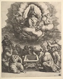 The Assumption of the Virgin, below the apostles surround the tomb by Master of the Die