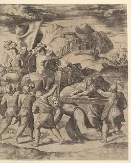 Christ carrying the cross surrounded by soldiers, several on horseback by Master of the Die