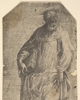 Saint Philip standing with a book under his right arm, from "Christ and the Apostles" by Andrea Schiavone (Andrea Meldola)