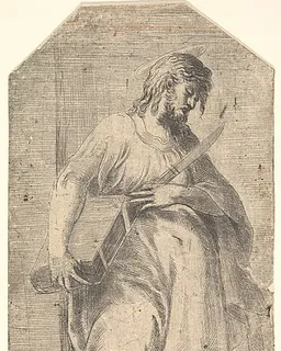 Saint Bartholomew facing right,  book under his right arm, knife in his left hand, from "Christ and the Apostles" by Andrea Schiavone (Andrea Meldola)