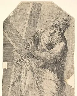 Saint Andrew holding a large cross, from "Christ and the Apostles" by Andrea Schiavone (Andrea Meldola)