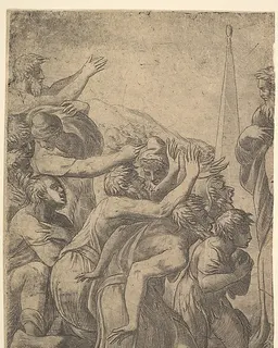 Christ standing at the right healing the lepers before him (left section of the print) by Andrea Schiavone (Andrea Meldola)