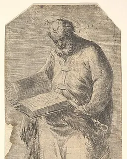 Saint Peter holding a large open book, keys by his side, from "Christ and the Apostles" by Andrea Schiavone (Andrea Meldola)