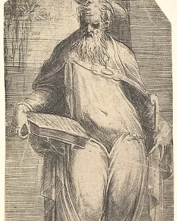 Saint Simon standing, supporting a book on his right thigh, from "Christ and the Apostles" by Andrea Schiavone (Andrea Meldola)