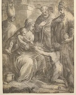 Various Saints Witnessing John the Baptist's Homage to the Infant Christ by Andrea Schiavone (Andrea Meldola)