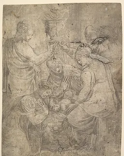 The Christ Child in the Cradle surrounded by adoring figures by Andrea Schiavone (Andrea Meldola)