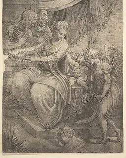 The Holy Family, an angel holding flowers approaching from the right by Andrea Schiavone (Andrea Meldola)