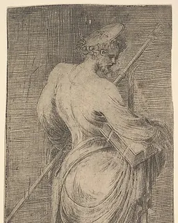 Saint James Major holding a staff and a book facing right, from "Christ and the Apostles" by Andrea Schiavone (Andrea Meldola)