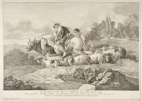 One of the Sons of Noah who Goes to Populate a Part of the Earth (Uno de figli di Noè che va a popolare una parte della terra) by Pietro Monaco depicting Genesis 7