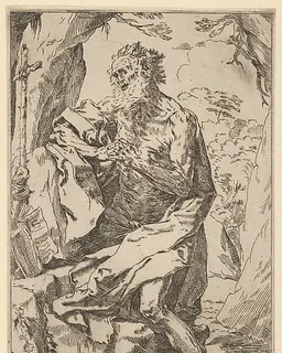 Saint Jerome kneeling on a rock in front of a cross and an open book facing left by Anonymous, 17th century