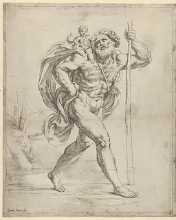 Saint Christopher walking with the infant Christ on his right shoulder by Guido Reni