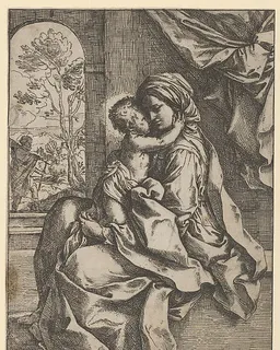 The Virgin seated with the Christ Child on her lap embracing her, Joseph seen through an archway at left by Guido Reni
