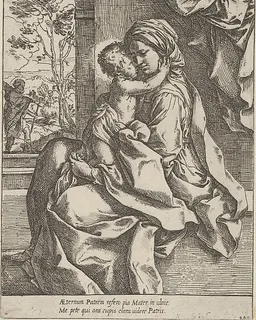 The Virgin seated with the Christ Child on her lap embracing her, Joseph seen through an archway at left by Guido Reni
