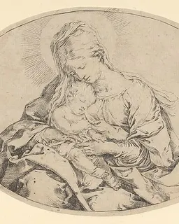 The Virgin holding the infant Christ, an oval composition by Guido Reni
