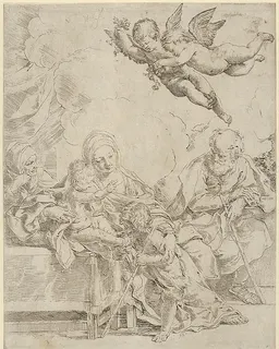 The Holy Family with young John the Baptist and Saint Elizabeth, two angels above by Guido Reni