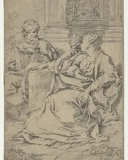 The Holy Family seated together in front of a collonade, Saint Joseph reading and the young Christ grasping the Virgin's drapery by Guido Reni