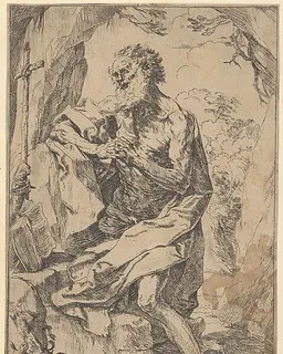 Saint Jerome kneeling on a rock in front of a cross and an open book facing left by Guido Reni