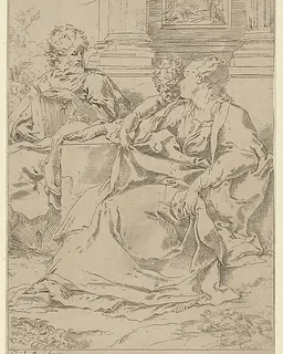 The Holy Family seated together in front of a collonade, Saint Joseph reading and the young Christ grasping the Virgin's drapery by Guido Reni