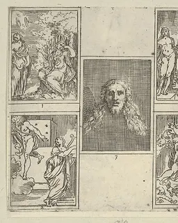 Five numbered scenes, each after a painter in the Accademia Degl'Incamminati, from IL FUNERALE D'AGOSTINO CARRACCIO FATTO IN BOLOGNA SUA PATRIA DAGL'INCAMINATI Academici del Disegno: 1. Painting and Poetry mourning the death of Agostino Carracci, painted by Francesco Brizio; 2. Painting with a lyre and Apollo pointing to stars on Carracci's grave, design by Giacomo Cavedone; 3. The head of Christ, painted by Agostino Carracci; 4. Prometheus with a torch and Athena behind him, painted by Alessandro Albini; 5. Aurora abducting Cephalus, painted by Leonello Spada. by Guido Reni