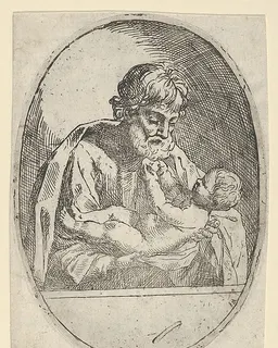 Saint Joseph holding the infant Christ, who raises up his hands, an oval composition by Anonymous, 17th century