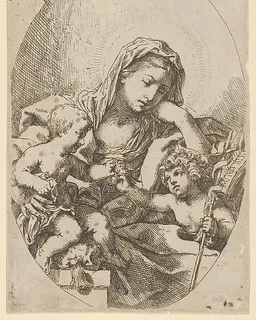 The Virgin with the Christ Child and the young Saint John the Baptist holding a bird at right, an oval composition, after Reni by Lorenzo Loli