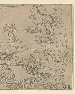 Saint Jerome seated on rocks and reading a book, a cross and a skull at left by Anonymous