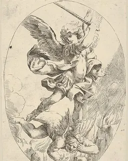 The winged archangel Saint Michael holding a sword and standing on the head of the devil, who descends into hell, an oval composition by Anonymous, 17th century