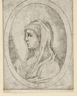 The Virgin in prayer, seen in profile facing left, in an oval frame, from "Christ, the Virgin, and Thirteen Apostles" by Anonymous, 17th century