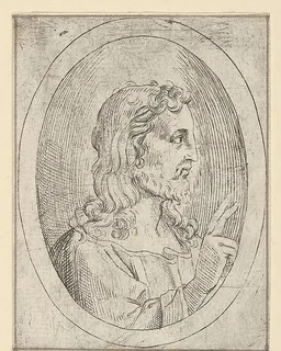 Christ seen in profile facing right, making the sign of blessing with his right hand, in an oval frame, from "Christ, the Virgin, and Thirteen Apostles" by Anonymous, 17th century