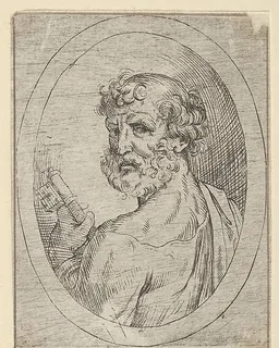Saint Peter seen from behind, turning to face outwards and holding a key, in an oval frame, from "Christ, the Virgin, and Thirteen Apostles" by Anonymous, 17th century