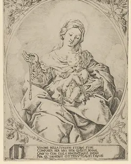 The Virgin seated holding a rosary in her right hand, the infant Christ on her lap holding several rosaries, in an oval frame with flowers surrounding it and a tablet with inscription at the base by Anonymous