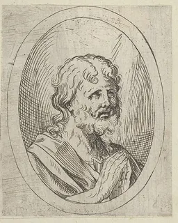 An apostle raising his eyes in prayer, in an oval frame, from "Christ, the Virgin, and Thirteen Apostles" by Anonymous, 17th century