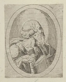 An apostle seen in profile facing right, holding an open book, in an oval frame, from "Christ, the Virgin, and Thirteen Apostles" by Anonymous, 17th century