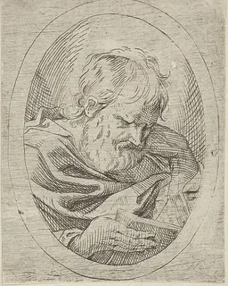 An apostle resting his head on his left hand and reading a book, in an oval frame, from "Christ, the Virgin, and Thirteen Apostles" by Anonymous, 17th century
