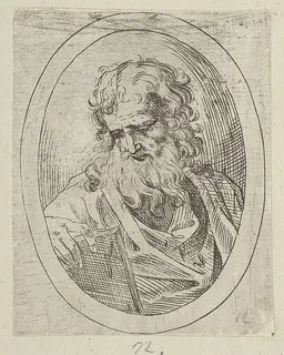 An apostle with a long beard looking down at an open book, in an oval frame, from "Christ, the Virgin, and Thirteen Apostles" by Anonymous, 17th century
