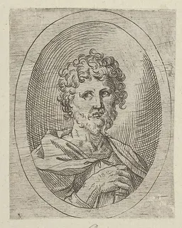 An apostle with a short beard holding a closed book, from "Christ, the Virgin, and Thirteen Apostles" by Anonymous, 17th century