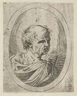 An apostle seen from behind and turning to the right, holding an open book, in an oval frame, from "Christ, the Virgin, and Thirteen Apostles" by Anonymous, 17th century