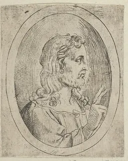 Christ seen in profile facing right, making the sign of blessing with his right hand, in an oval frame, from "Christ, the Virgin, and Thirteen Apostles" by Anonymous, 17th century