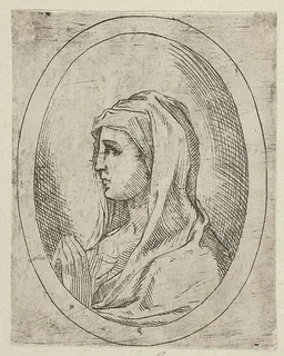 The Virgin in prayer, seen in profile facing left, in an oval frame, from "Christ, the Virgin, and Thirteen Apostles" by Anonymous, 17th century