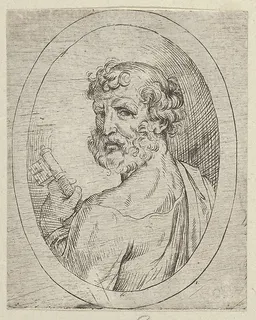Saint Peter seen from behind, turning to face outwards and holding a key, in an oval frame, from "Christ, the Virgin, and Thirteen Apostles" by Anonymous, 17th century