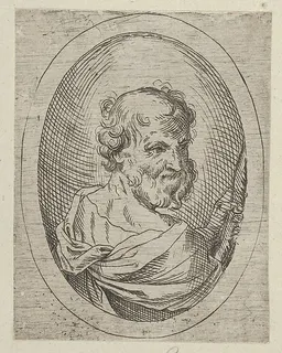 Saint Simon seen from behind, turning to the right and holding a saw, in an oval frame, from "Christ, the Virgin, and Thirteen Apostles" by Anonymous, 17th century